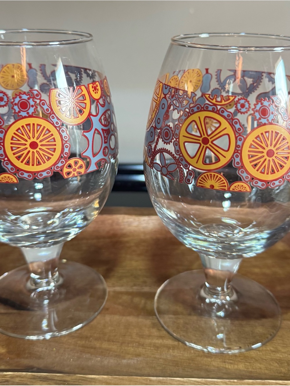 Playful Orange Gear-Pattern Stemmed Glasses (Set of 2)